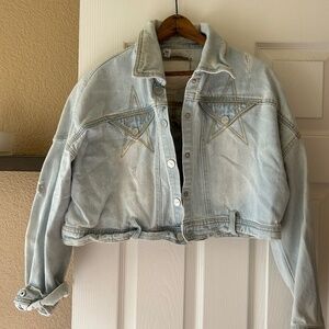 Vintage Jean Jacket, Bleach Washed Denim With Stars Sewn Over The Breast
